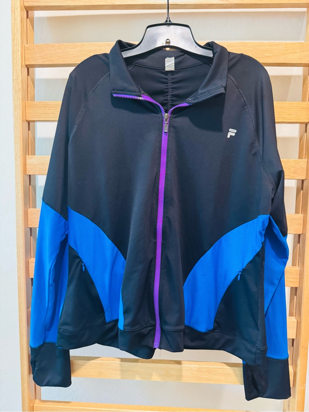 Fila Black Jacket with Blue Panels and Purple Zipper Trim with thumbholes